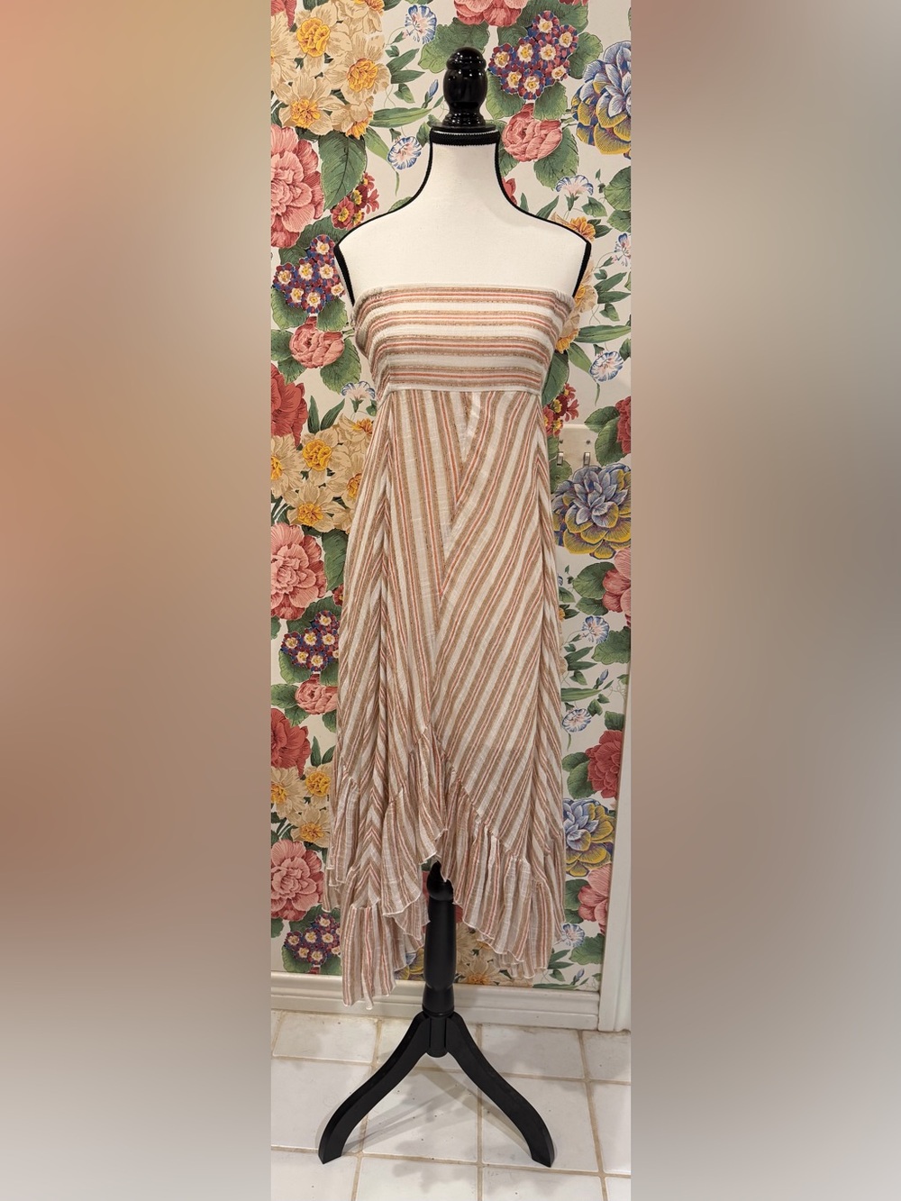 Free People Strapless Beige & Cream Striped Summer Dress